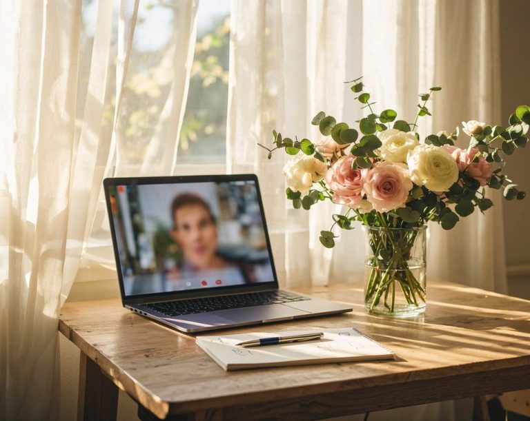 Laptop open on wooden table. A laptop sits open on a wooden table beside a window with a vase of flowers, a notepad and pen.