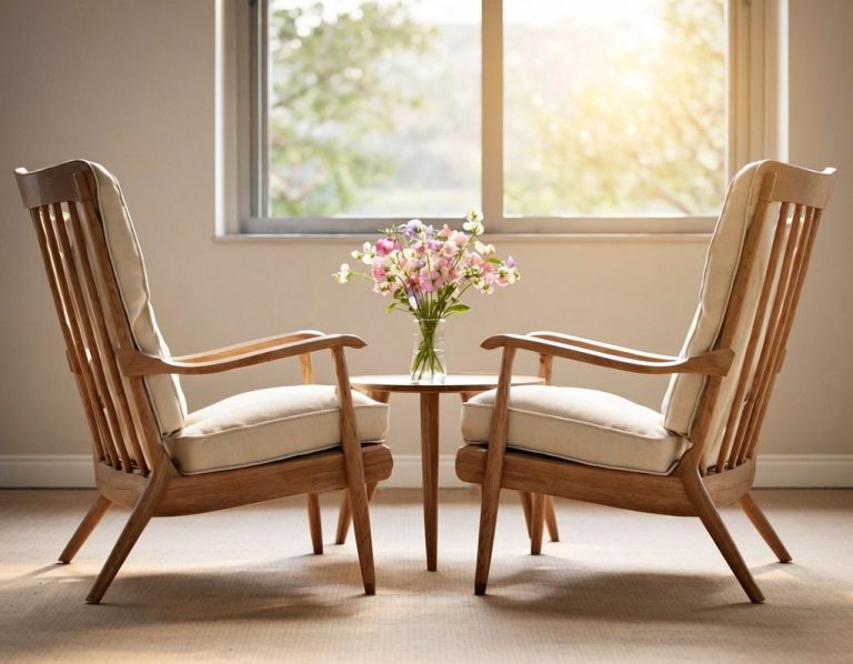 Two chairs and a coffee table with flowers. A therapy room.. Two Ercol style arm chairs in a sunny room with a small coffee table and a vase of flowers.